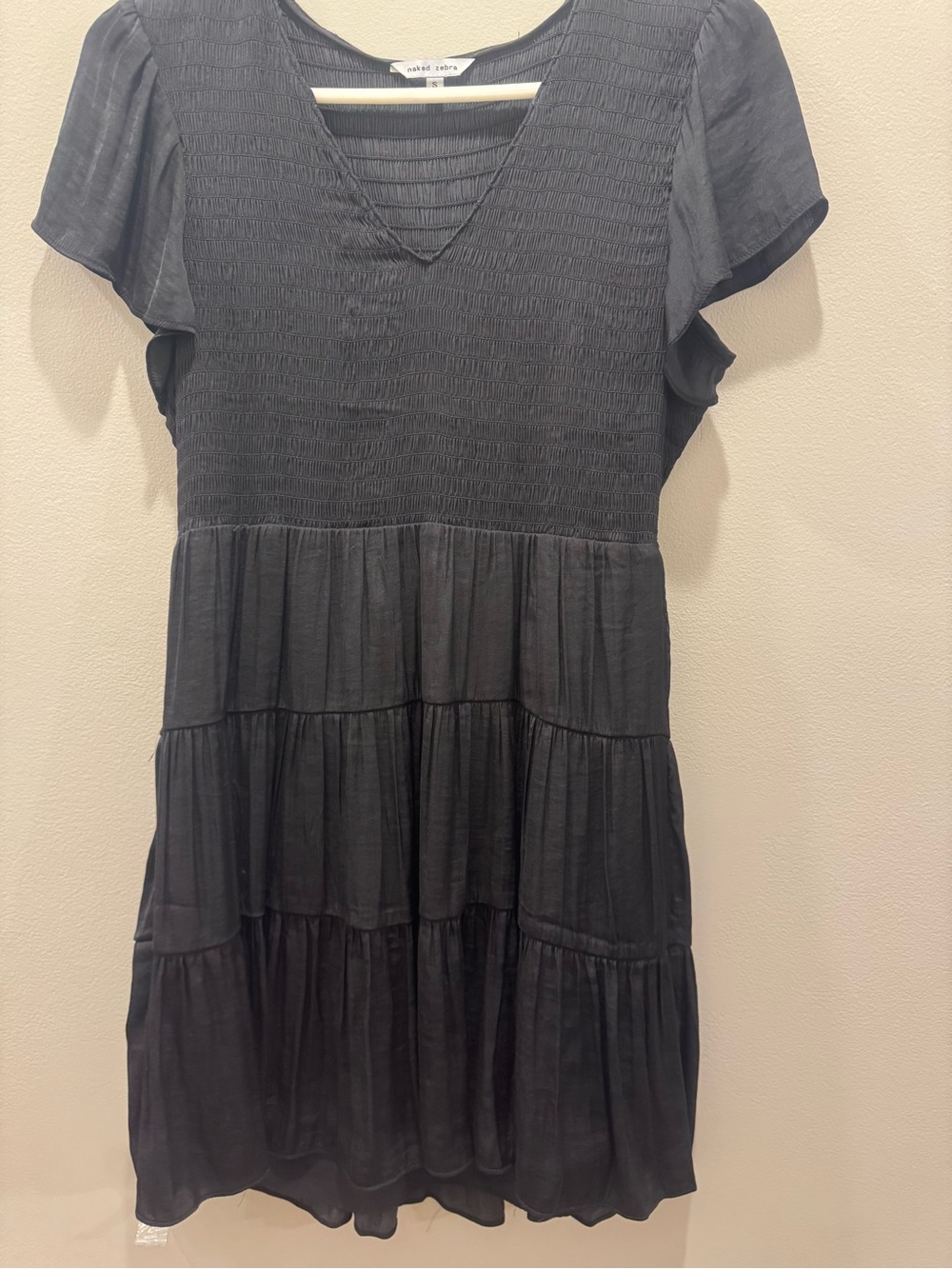 Naked Zebra Black Smocked Tiered V-Neck Mini Dress